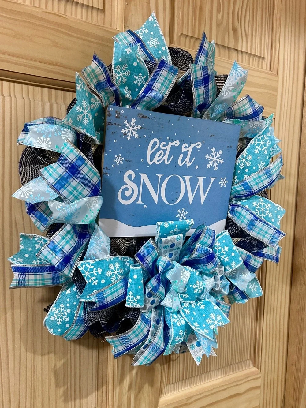 Let It Snow Blue Winter Wreath - Decorative Holiday Door Accent